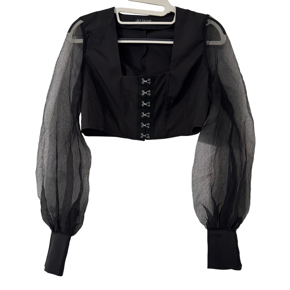 LOLA SAVAGE Corset Top S Black Cropped Sheer Puff Sleeve Hook Eye Goth Edgy Punk